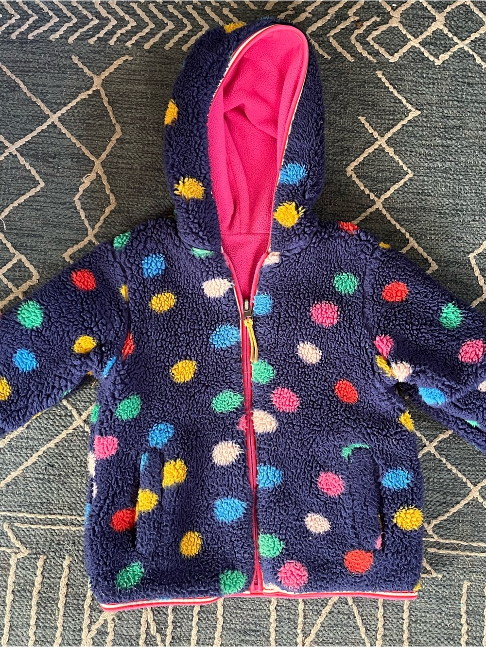 Boden Girls' Reversible Navy Sherpa Hooded Jacket with Multicolor Polka Dots